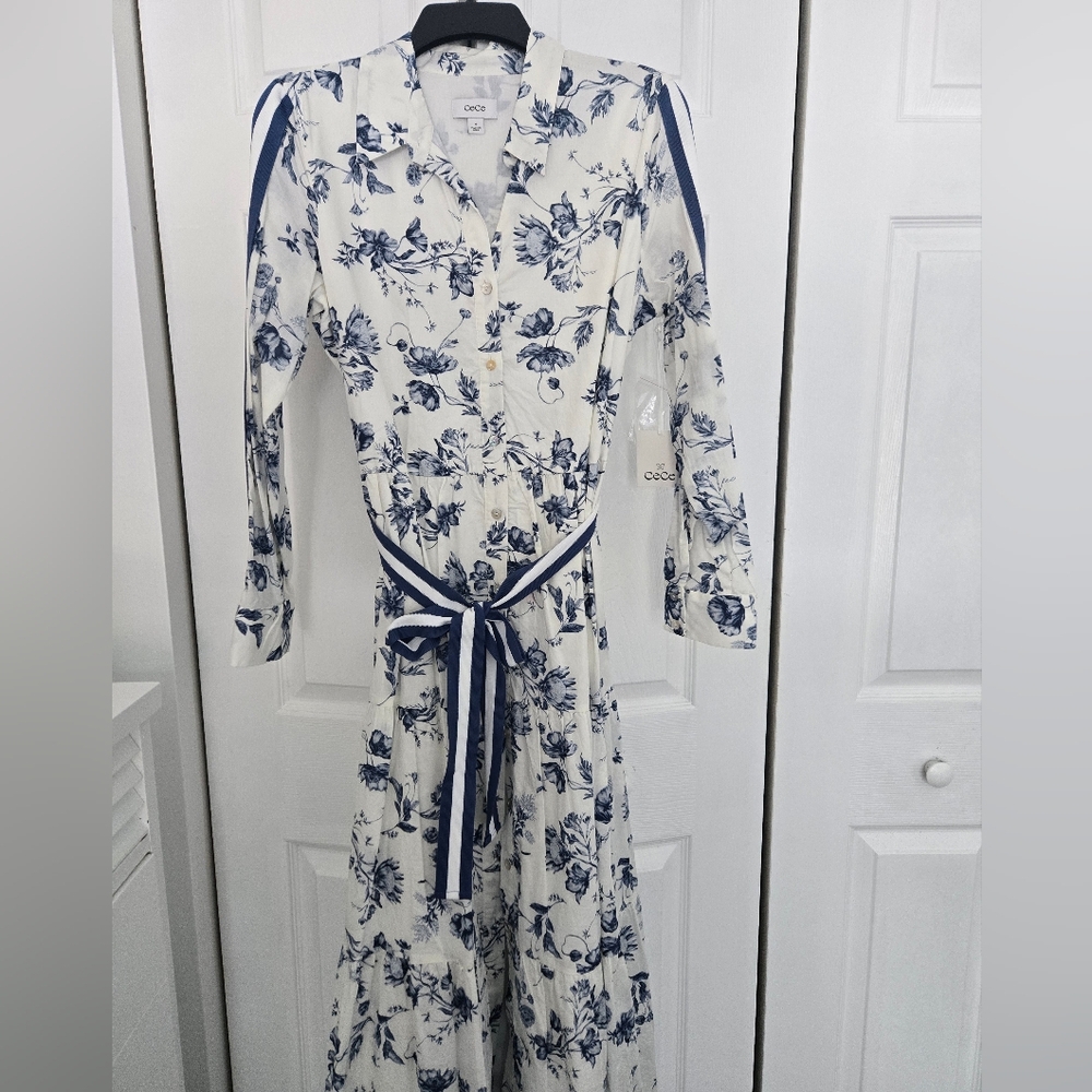 CeCe Blue and White Floral Long Sleeve Dress - Picture 5 of 7